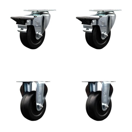 Service Caster 3.5'' Soft Rubber Wheel Swivel Top Plate Caster Set 2 Posi Brakes 2 Rigid, 4PK SCC-20S3514-SRS-PLB-2-R-2